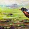 Leucistic Robin, 16" x 40", acrylic on gallery canvas